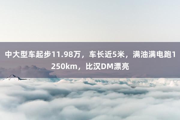 中大型车起步11.98万，车长近5米，满油满电跑1250km，比汉DM漂亮